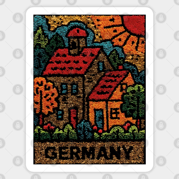 Fairytale German Village Linocut Print | Retro Bavaria Souvenir Sticker by TuncGK